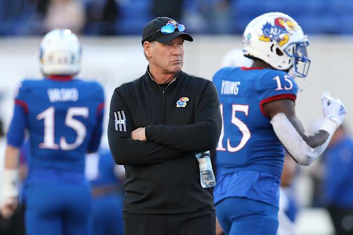 Dec 28, 2022; Memphis, TN, USA; Kansas Jayhawks head coach Lance Leipold prior to the 2022 Liberty Bowl against the Arkansas Razorbacks at Liberty Bowl Memorial Stadium. Mandatory Credit: Nelson Chenault-USA TODAY Sports